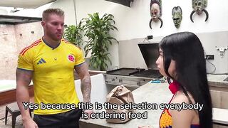 Rough Anal-Slutty delivery cutie ends up with her booty torn to shreds and leaking with cum from a French chap's massive jock.