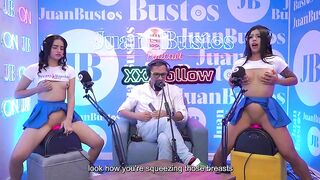 Squirter Camila & Andrea, the kinkiest Latina step-sisters, cum hard with the fuck machine on full power at JuanBustosPodcast!