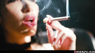 French Brunette with Massive Fake Titties Masturbates While Smokin' Cigarette and Talking Ribald