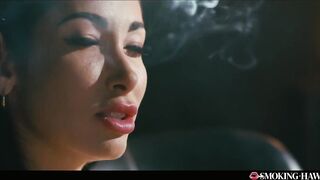 French Brunette with Massive Fake Titties Masturbates While Smokin' Cigarette and Talking Ribald