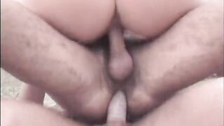 Curvy slut and two guys fuck outdoors in bizarre threeway session