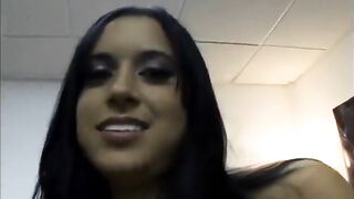 Cute brunette gets cumshot after riding knob