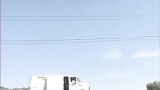 Cute golden-haired loves sucking white male's cock in the back of a van