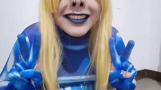 Cute Trans Samus with S&M Nosehook giving a Sloppy Oral to BBC Sex toy, Deepthroat, Facial Screw and Eating Semen