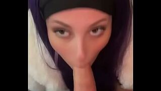 Real Homemade Oral job from Purple Haired Gal Wearing White Furry Jacket Looking at Camera