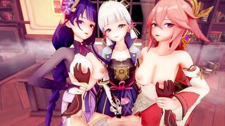 【Genshin Impact】Raiden Shogun,Yae Miko,Kamisato Ayaka,Yoimiya harem sex 3D Hentai Animation.