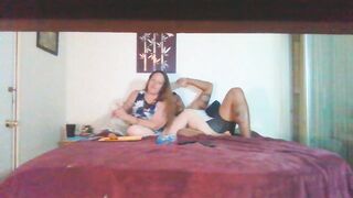Sexy busty milf smokin' while guy slides his hands up her skirt and plays with her twat