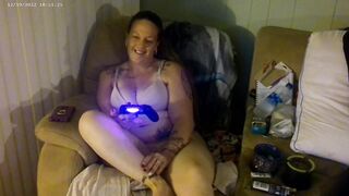 Busty Long Hair Brunette In Bra and Panties Playing Smokin' Cigarettes and Playing PlayStation Anew