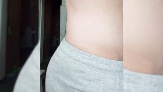 Corpulent ramrod in gray shorts. Handjob in the kitchen while preparing breakfast