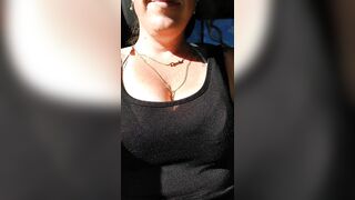 Nerdy girl with flawless tits pulls her panties to the side and flashes her pink shaved pussy