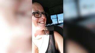 Nerdy girl with flawless tits pulls her panties to the side and flashes her pink shaved pussy