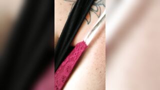 Nerdy girl with flawless tits pulls her panties to the side and flashes her pink shaved pussy