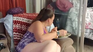 Filming up pale long hair brunette hotty's mini dress whilst she eats dinner, smokes and plays games