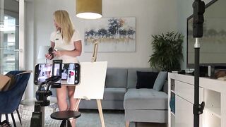 Sexy and lascivious golden-haired art teacher wife in white summer dress goes no panties to flash her taut bald snatch and anus