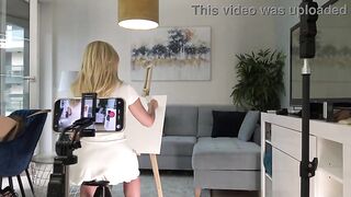 Sexy and lascivious golden-haired art teacher wife in white summer dress goes no panties to flash her taut bald snatch and anus