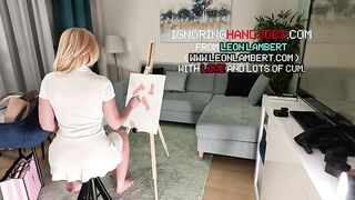 Sexy and lascivious golden-haired art teacher wife in white summer dress goes no panties to flash her taut bald snatch and anus