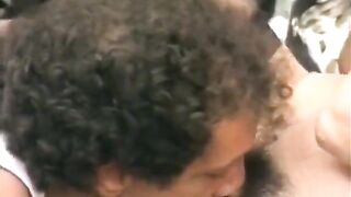 Shaggy golden-haired slut loves being spitroasted