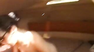 two wicked beauties share a fortunate guy's pecker outdoors on the boat