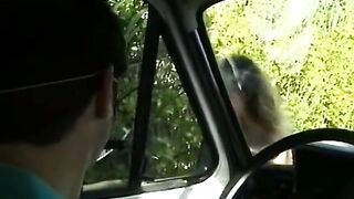 Busty golden-haired beauty gets screwed in the van and outdoors