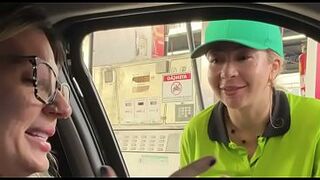 I put the gas station attendant in the car so this hottie could have great sex with me and my husband until this playgirl was drooling cum all over his schlong, the drool from her snatch even dripped onto his nuts!