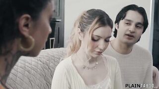 Teen Demi Hawks and her bf have changed teachers and visit busty Ravyn Alexa not to study but to screw her.The big tit milf is seduced into a threesome