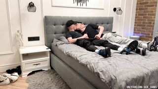 two friends jerk off together