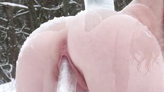 A red-haired girl shoved a huge icicle into herself in a winter forest. Ice in the twat. Re-upload. (AI).