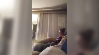 Nasty roommate masturbating to pretty busty angel in bra and panties while she's playing movie games