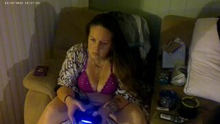 Sexy Mom Smokin' Cigarettes Playing movie scene Games In Purple Bra and Panties