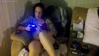 Sexy Mom Smokin' Cigarettes Playing movie scene Games In Purple Bra and Panties