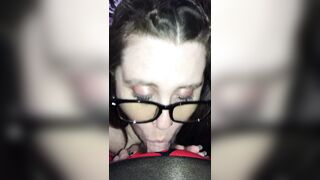 BBW with glasses deepthroats, sucks and swallows daddy’s cumload