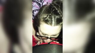 BBW with glasses deepthroats, sucks and swallows daddy’s cumload