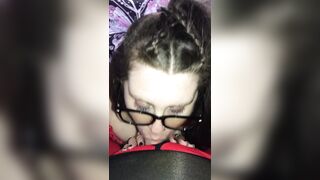 BBW with glasses deepthroats, sucks and swallows daddy’s cumload