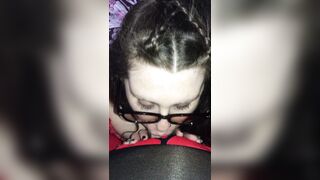BBW with glasses deepthroats, sucks and swallows daddy’s cumload