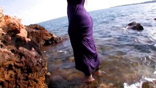Naughty golden-haired with big tits and black stockings hard screwed on the beach