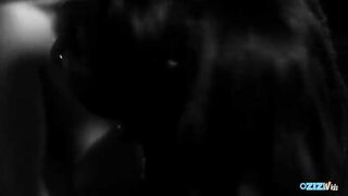 Glamorous black chocolate lady melting in the indulgence of of his big natural tits passion