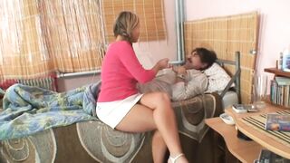 Golden-haired stepdaughter takes care of her sick stepdad