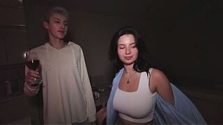 Busty beauty cheats on her boyfriend at a house party and squirts in front of him