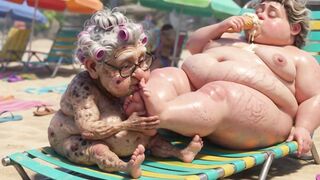 Elderly Granny Passionately Sucking BBW Feet on the Beach