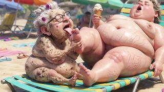 Elderly Granny Passionately Sucking BBW Feet on the Beach