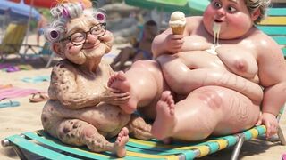 Elderly Granny Passionately Sucking BBW Feet on the Beach