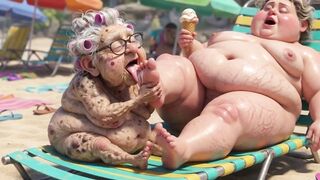 Elderly Granny Passionately Sucking BBW Feet on the Beach