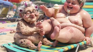 Elderly Granny Passionately Sucking BBW Feet on the Beach