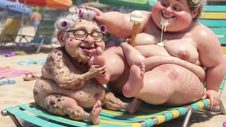Elderly Granny Passionately Sucking BBW Feet on the Beach