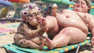 Elderly Granny Passionately Sucking BBW Feet on the Beach