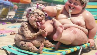 Elderly Granny Passionately Sucking BBW Feet on the Beach