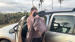 Exposed Busty Blonde Walks by Car on Public Road