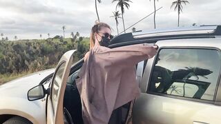 Exposed Busty Blonde Walks by Car on Public Road