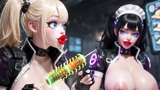 two Cute Chicks Working at Cyberpunk Corner, Ai Animation