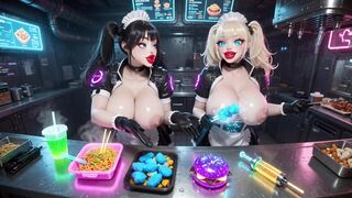 two Cute Chicks Working at Cyberpunk Corner, Ai Animation